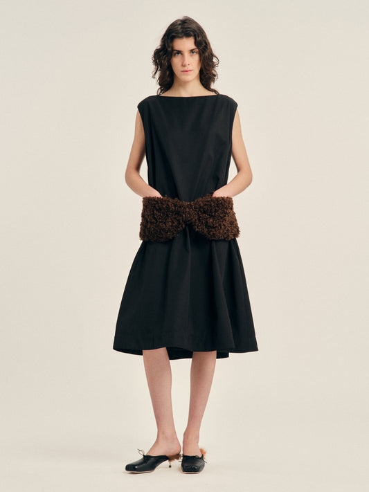 Boxy Peplum Faux Fur Bow Detail Dress
