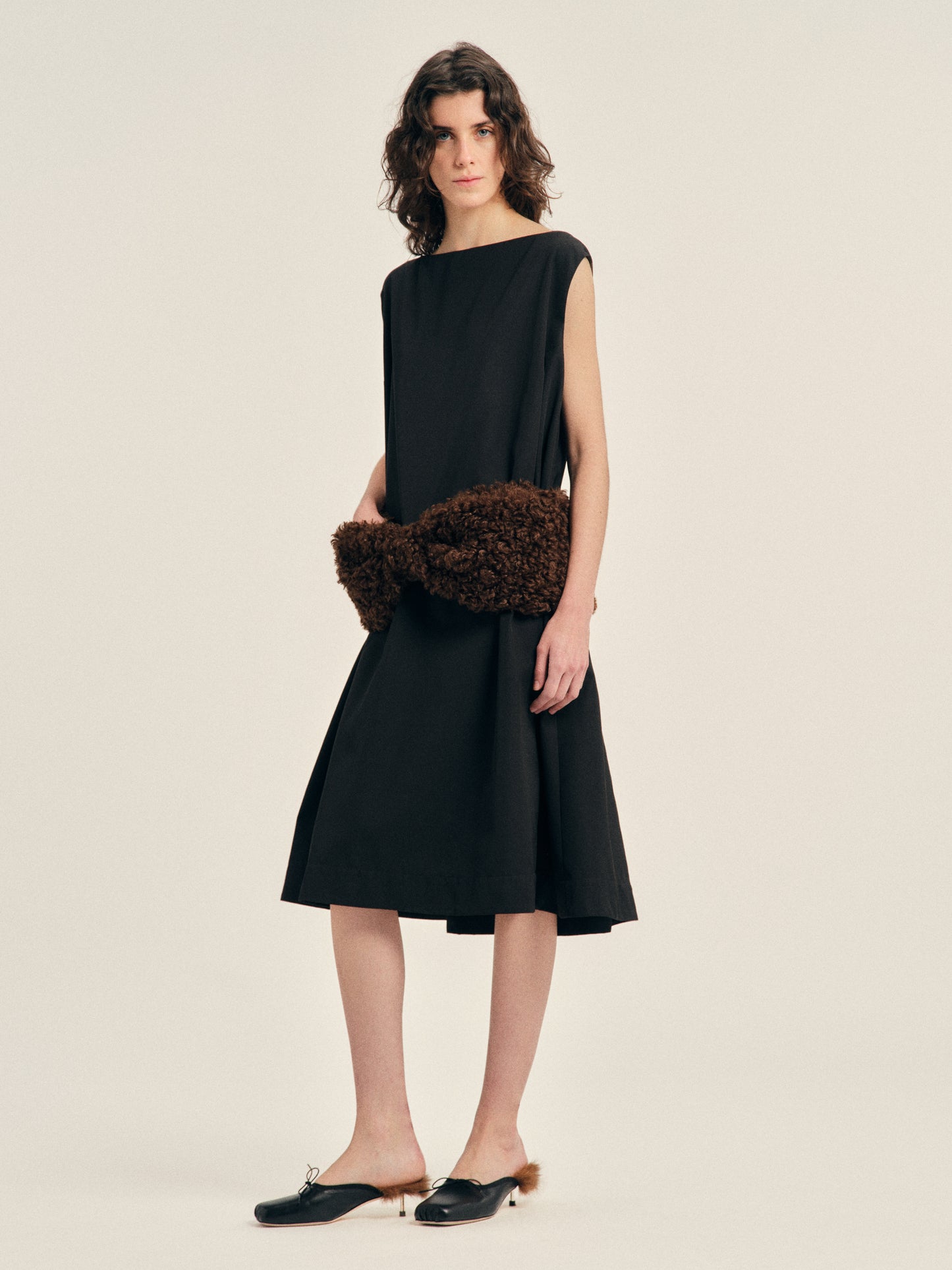 Boxy Peplum Faux Fur Bow Detail Dress