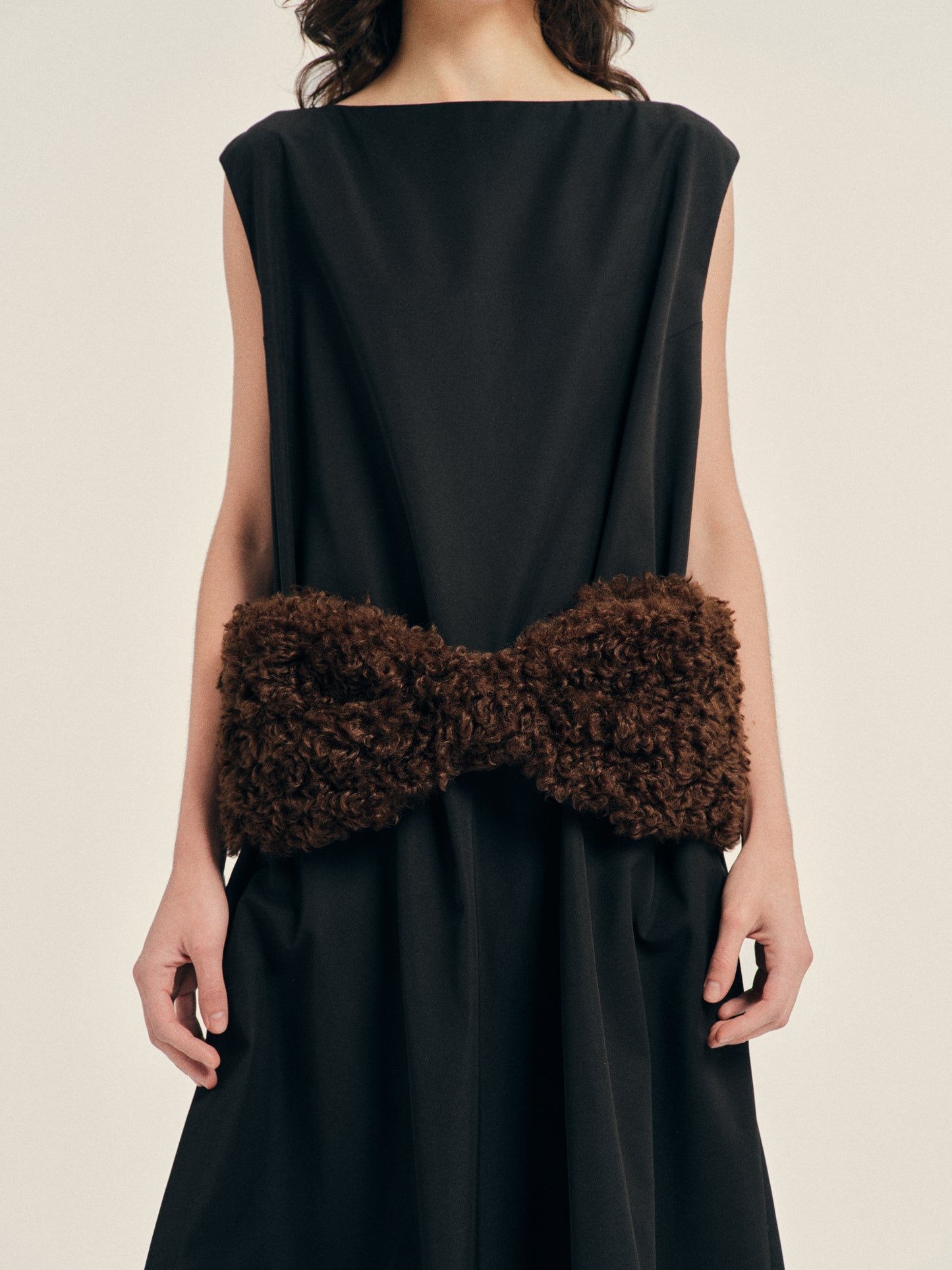 Boxy Peplum Faux Fur Bow Detail Dress