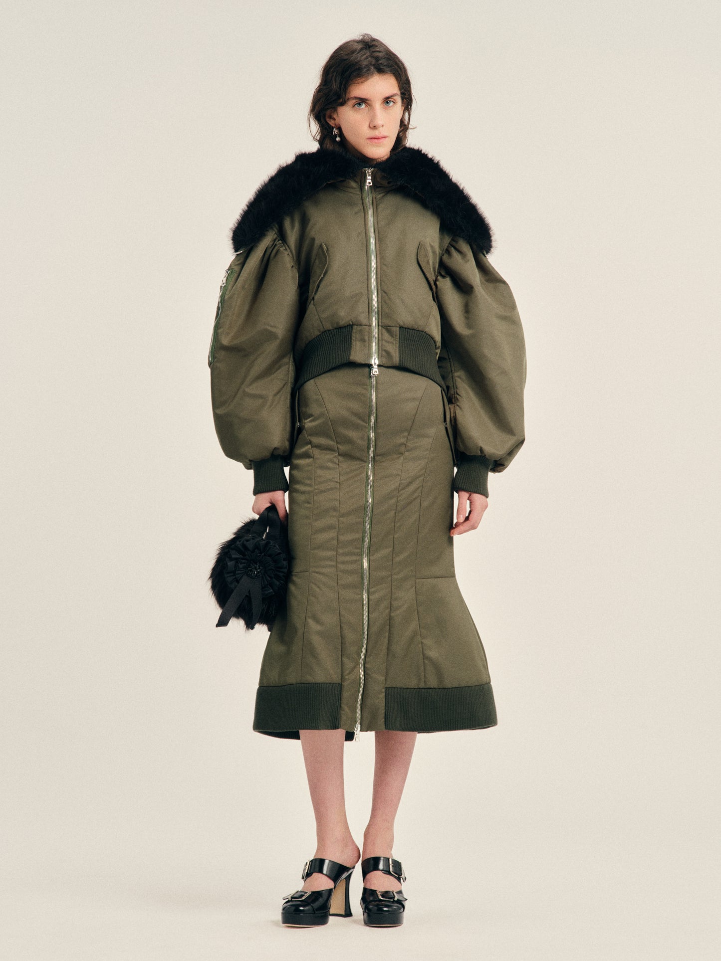 Cropped Split Faux Fur Hood Bomber Jacket