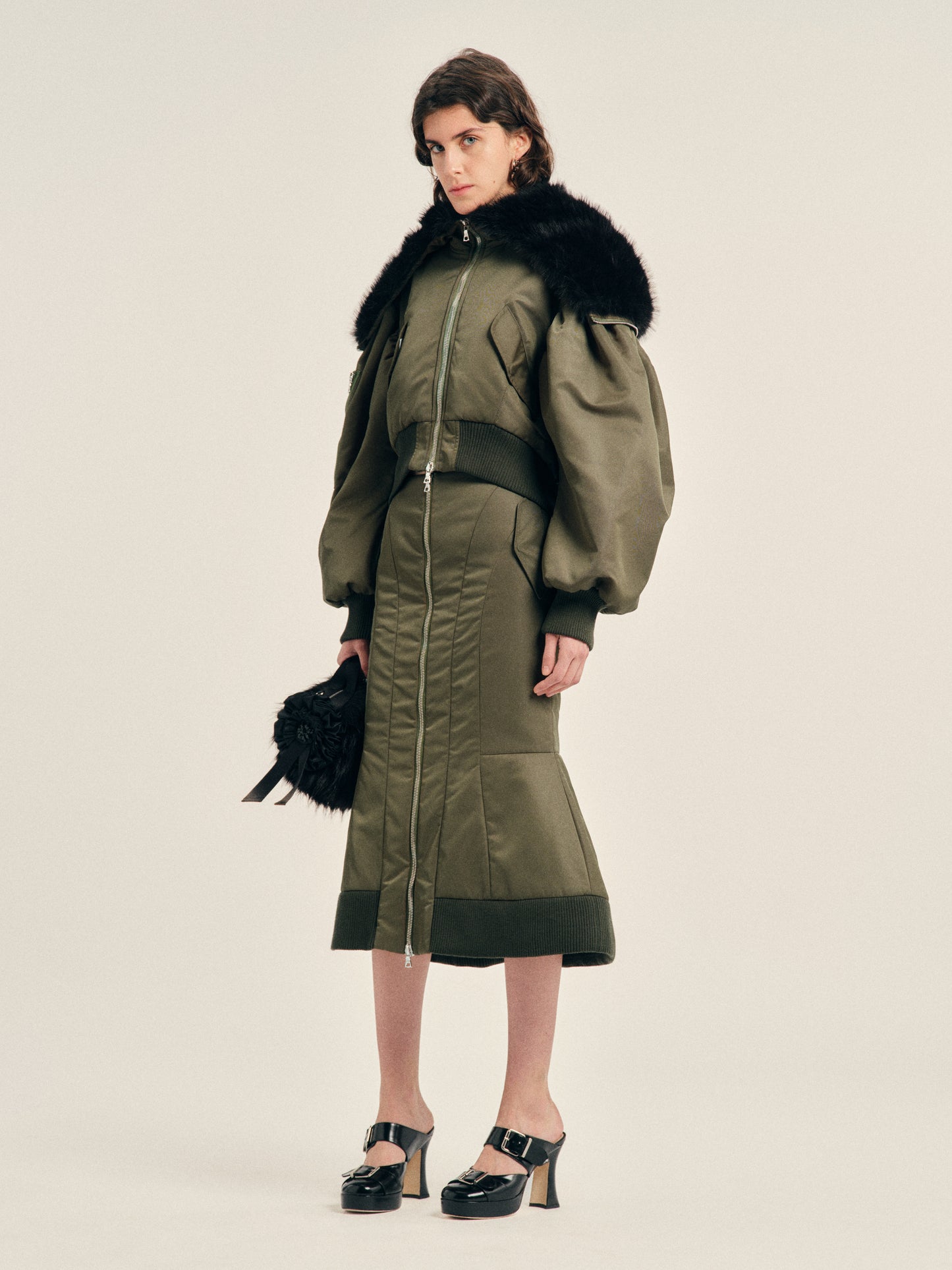 Cropped Split Faux Fur Hood Bomber Jacket