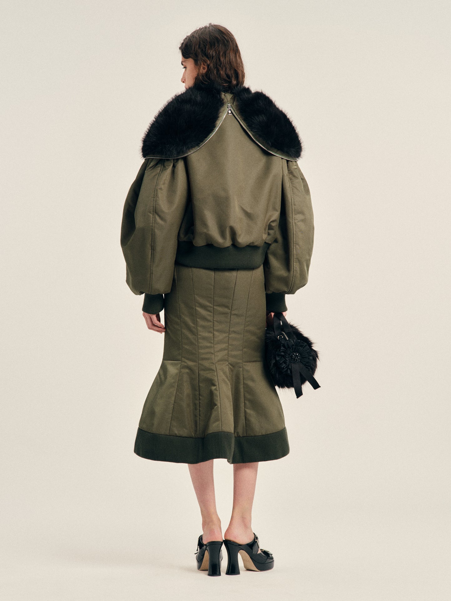 Cropped Split Faux Fur Hood Bomber Jacket