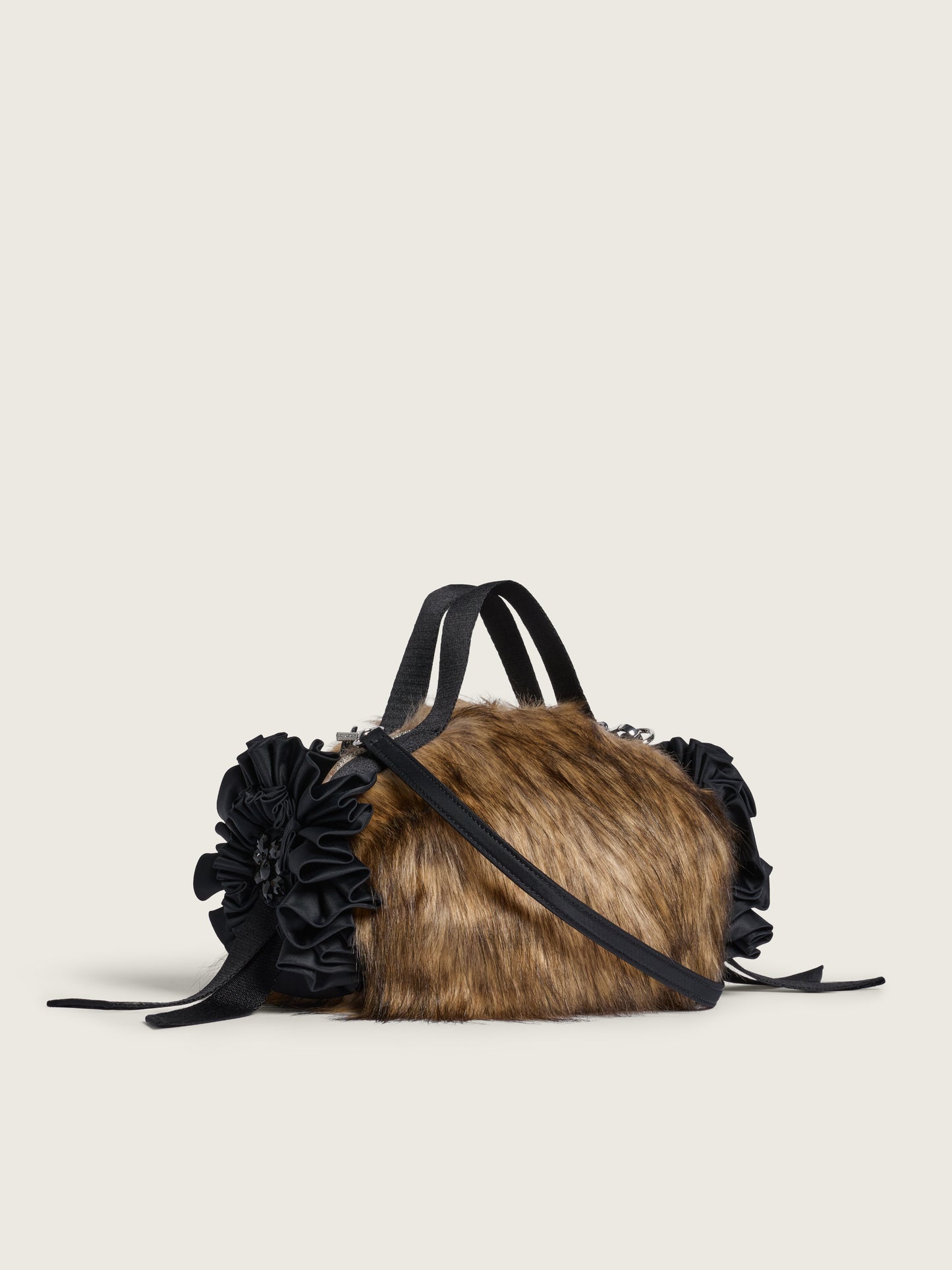 Embellished Mini Faux Fur Double Ribbon Rosette Bag