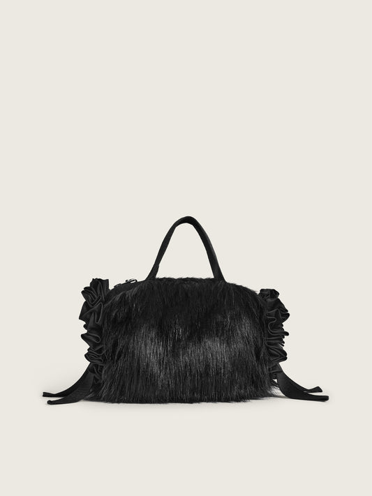 Embellished Mini Faux Fur Double Ribbon Rosette Bag