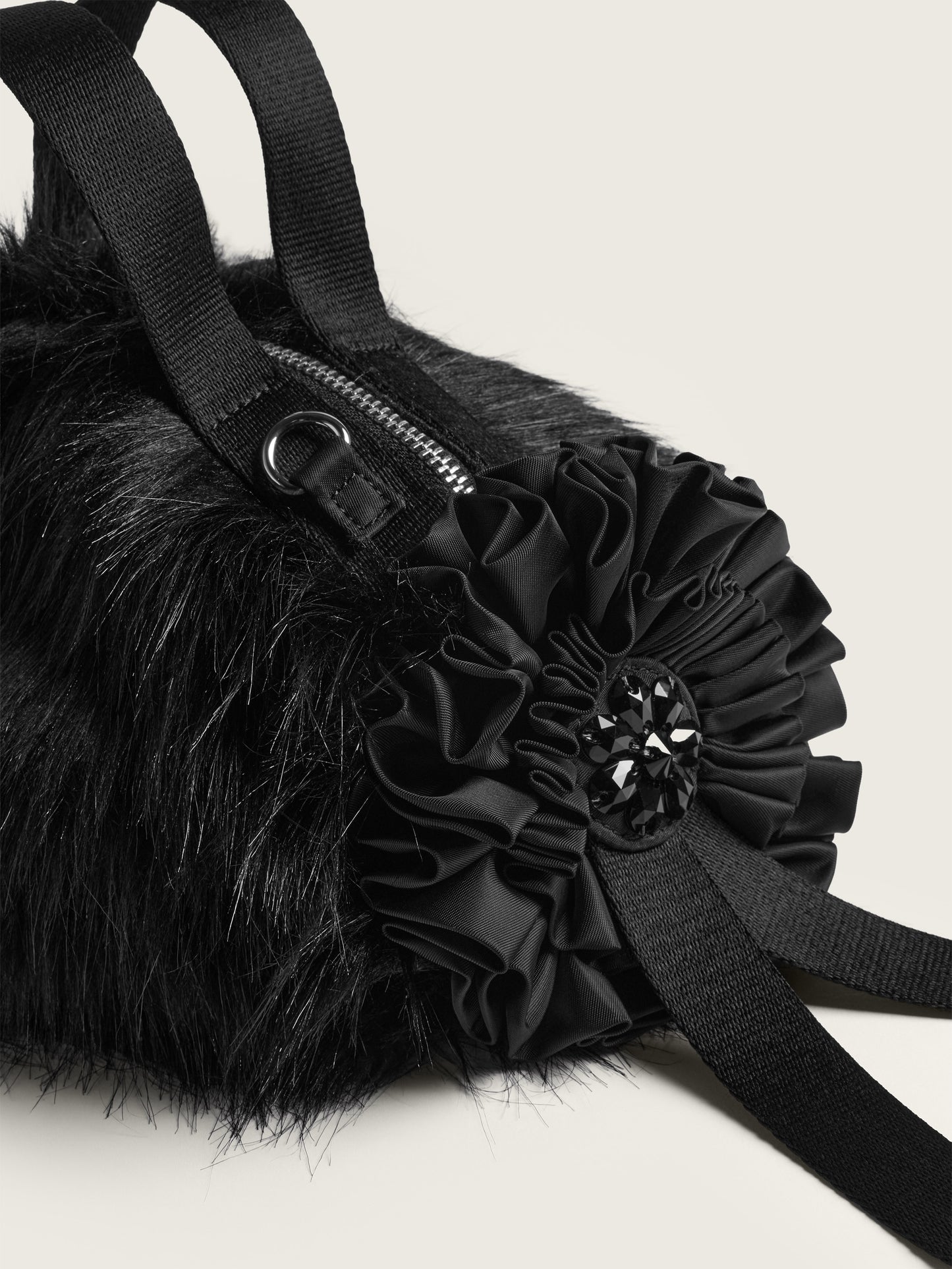 Embellished Mini Faux Fur Double Ribbon Rosette Bag