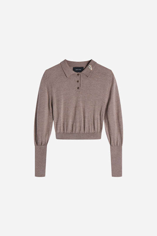 Embellished Merino Silk Knit Polo Jumper