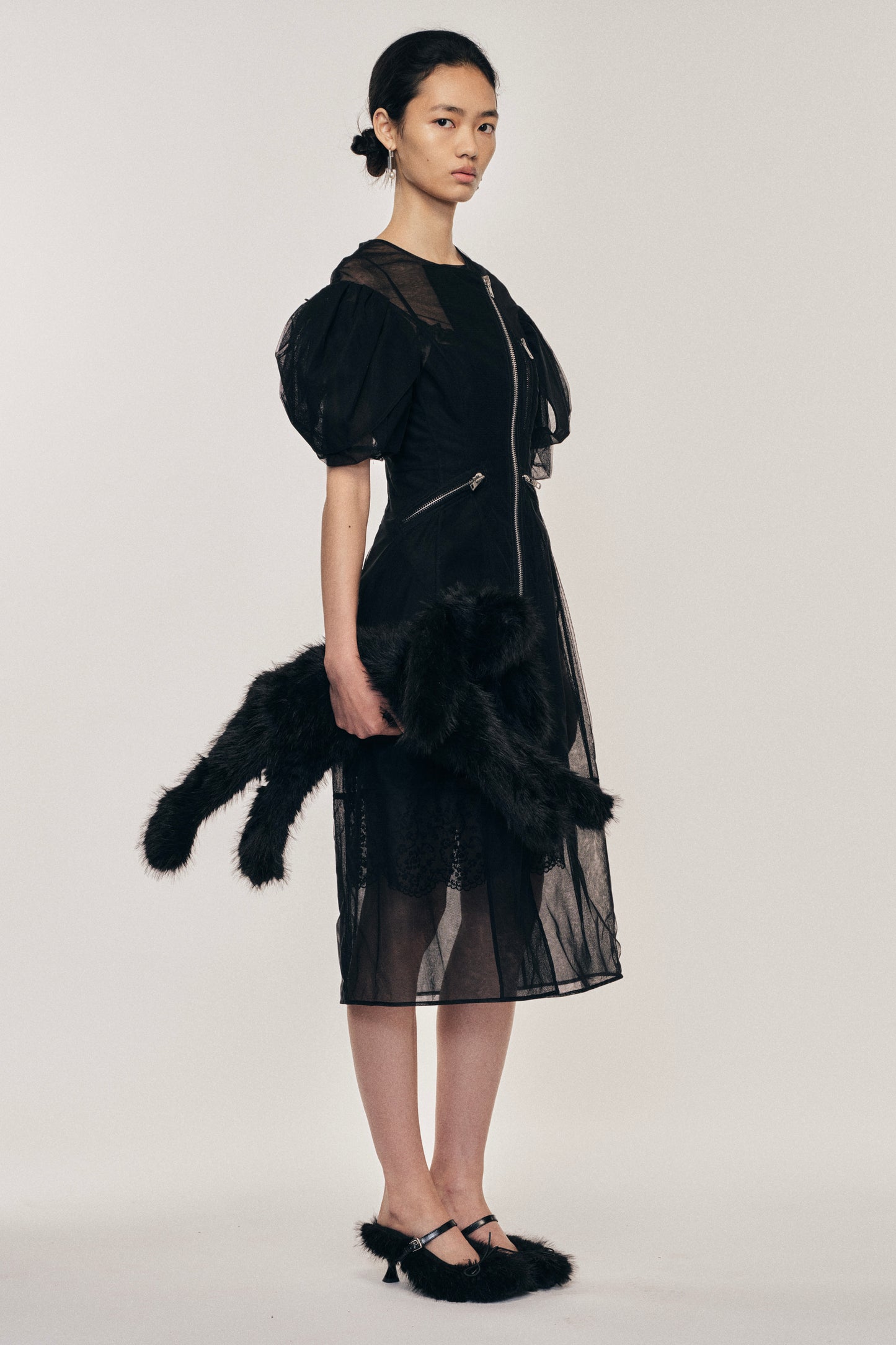 Sheer Sculpted Petal Sleeve Biker Dress