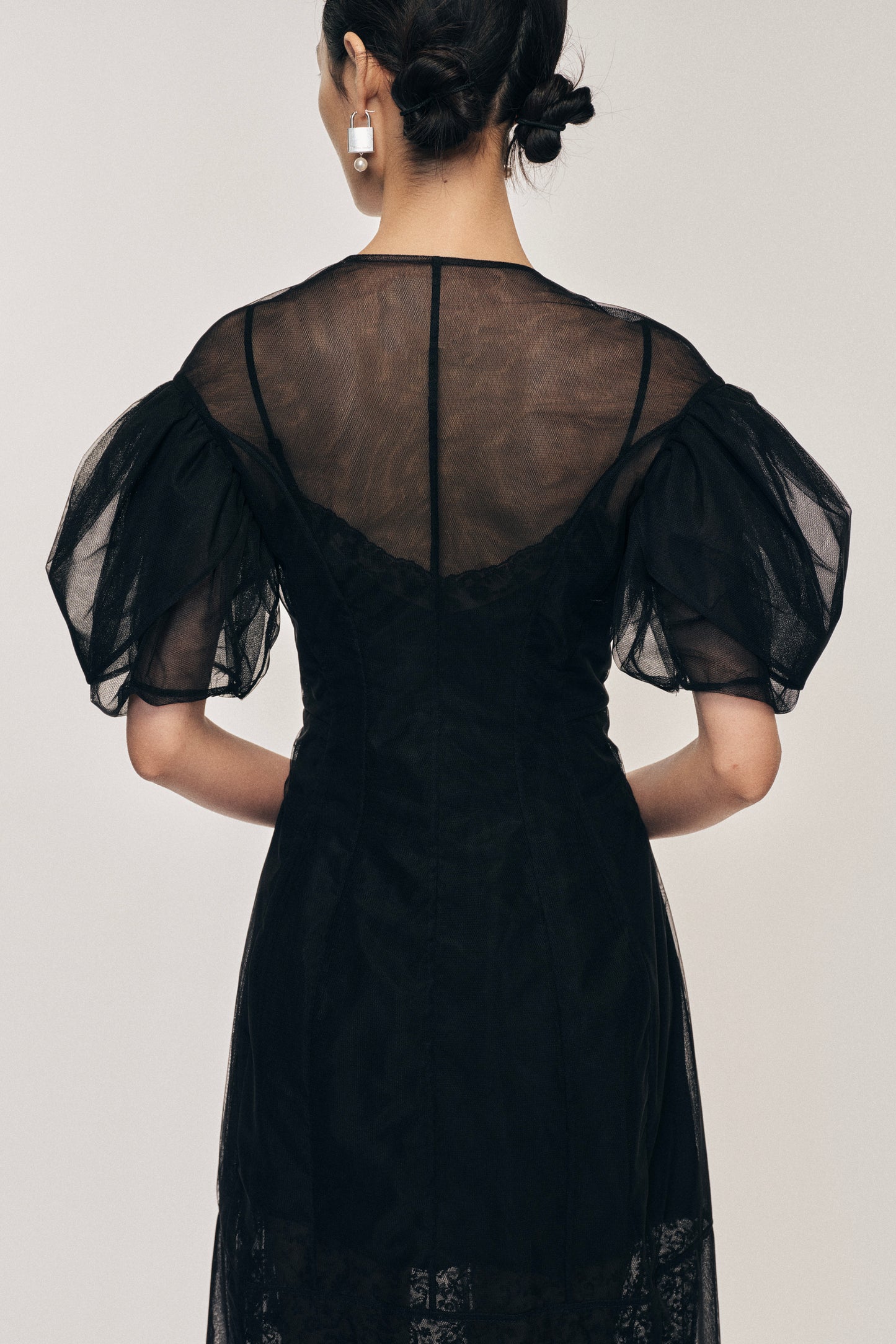 Sheer Sculpted Petal Sleeve Biker Dress