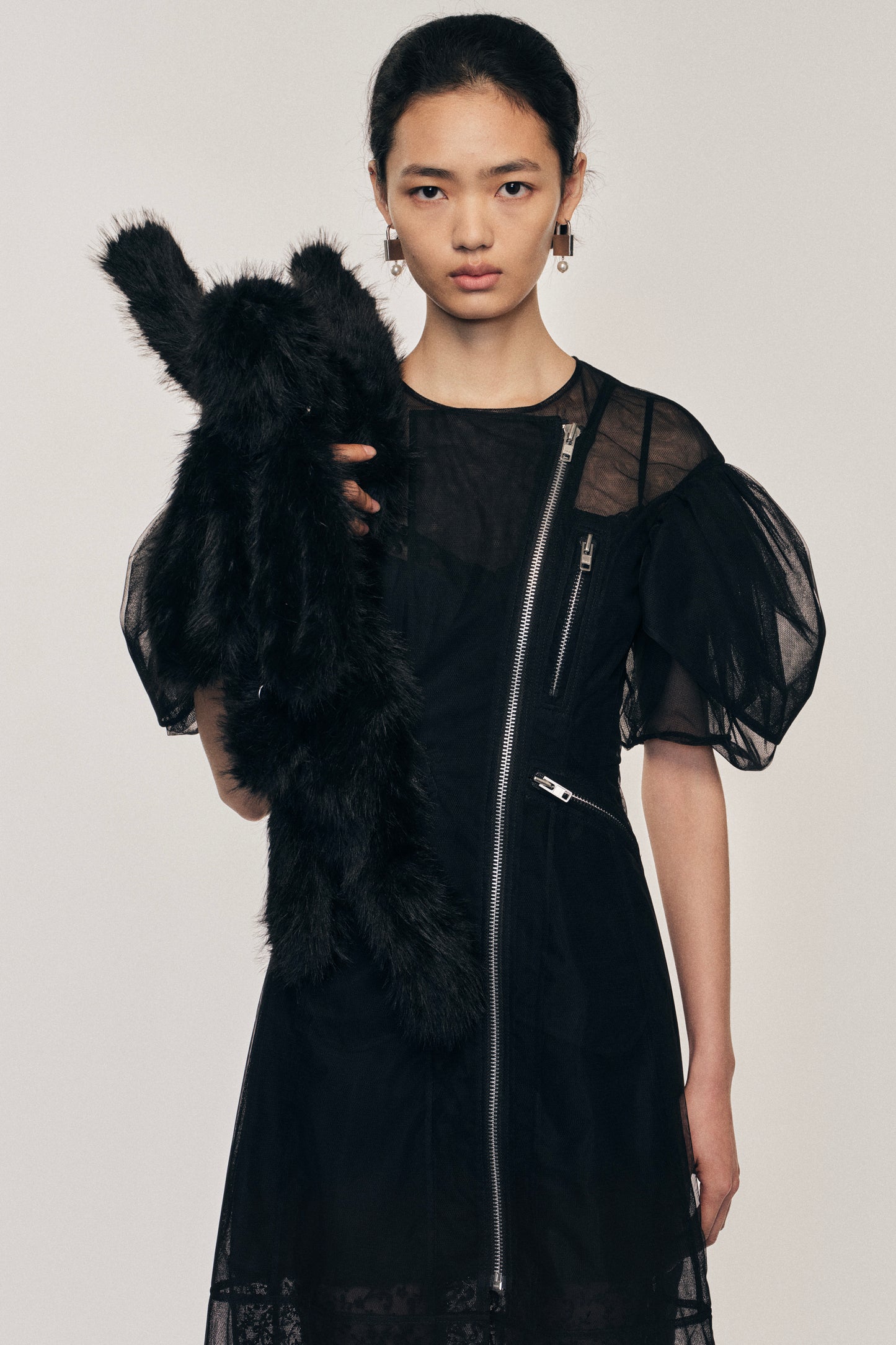 Sheer Sculpted Petal Sleeve Biker Dress