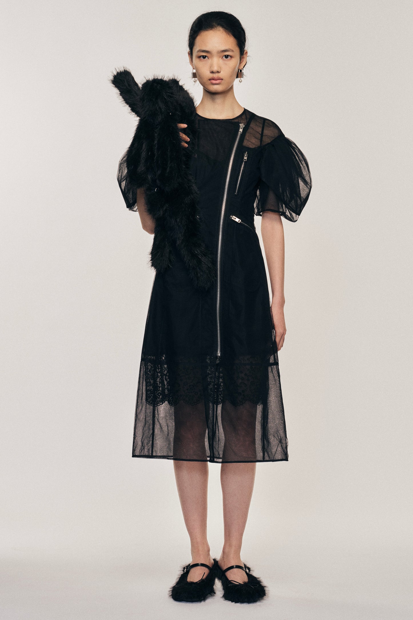 Sheer Sculpted Petal Sleeve Biker Dress