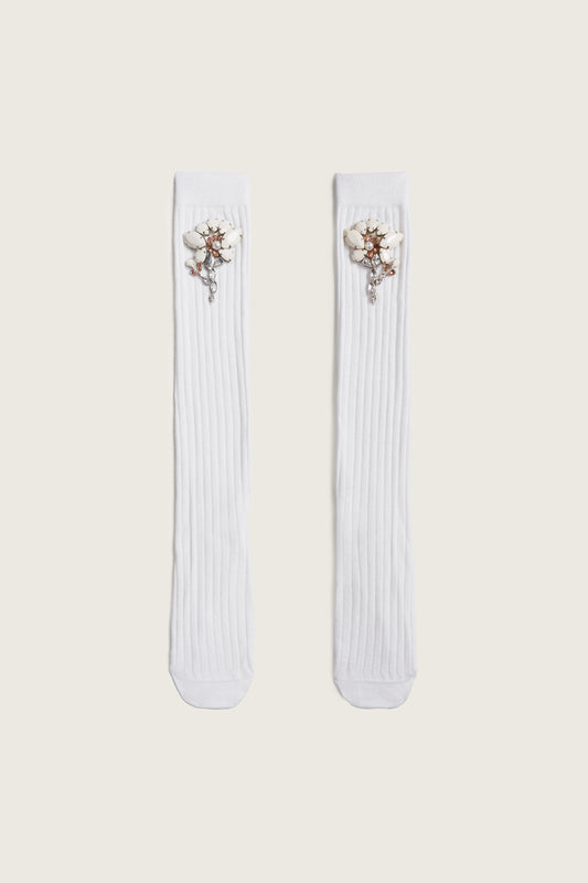 Poppy Crystal Flower Ribbed Knee Socks