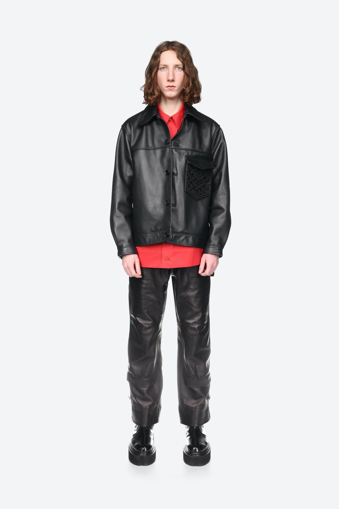 Leather Blouson Jacket with Macrame Pocket