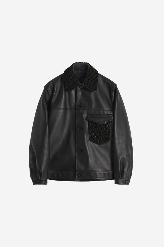 Leather Blouson Jacket with Macrame Pocket